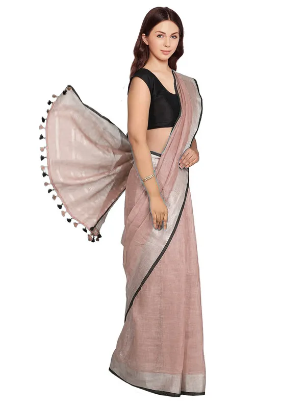 Rosy_Brown_women's_Bhagalpuri_Blend_Linen_Saree_With_Black_Pipine_Contrast_Blouse_Piece