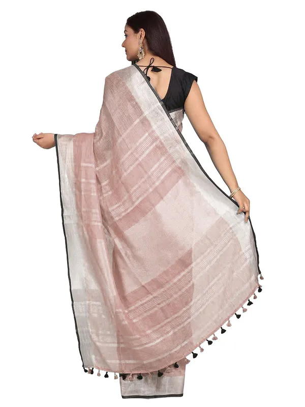 Rosy_Brown_women's_Bhagalpuri_Blend_Linen_Saree_With_Black_Pipine_Contrast_Blouse_Piece