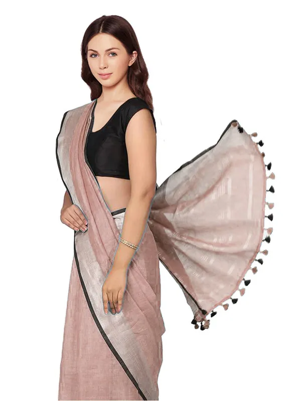 Rosy_Brown_women's_Bhagalpuri_Blend_Linen_Saree_With_Black_Pipine_Contrast_Blouse_Piece