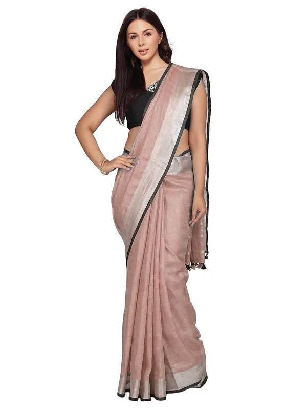Rosy_Brown_women's_Bhagalpuri_Blend_Linen_Saree_With_Black_Pipine_Contrast_Blouse_Piece