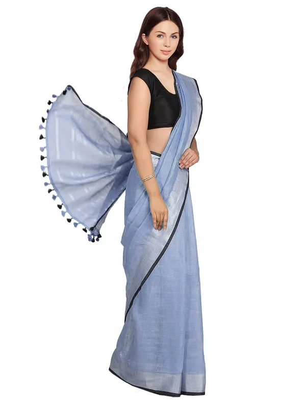 Vista_Blue_women's_Bhagalpuri_Blend_Linen_Saree_With_Black_Pipine_Contrast_Blouse_Piece
