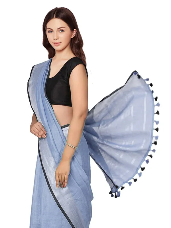 Vista_Blue_women's_Bhagalpuri_Blend_Linen_Saree_With_Black_Pipine_Contrast_Blouse_Piece