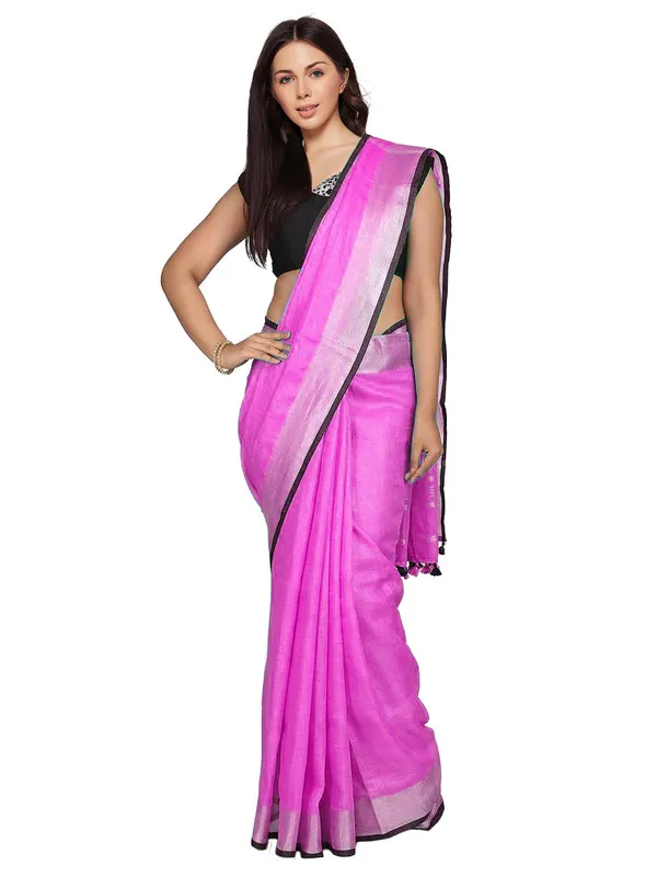 Ultra_Pink_women's_Bhagalpuri_Blend_Linen_Saree_With_Black_Pipine_Contrast_Blouse_Piece