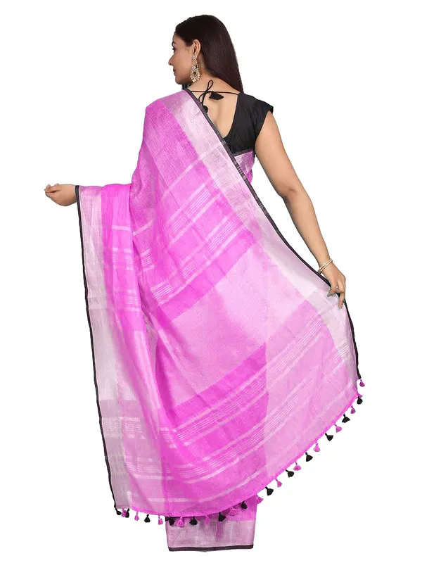 Ultra_Pink_women's_Bhagalpuri_Blend_Linen_Saree_With_Black_Pipine_Contrast_Blouse_Piece