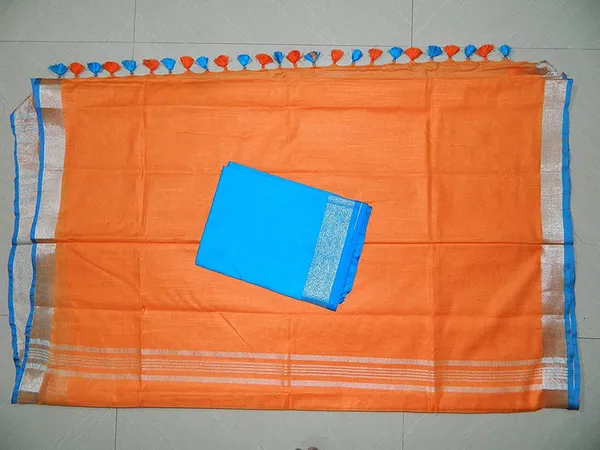 Orange_women's_Bhagalpuri_Blend_Linen_Saree_With_Free_Contrast_Blouse_Piece