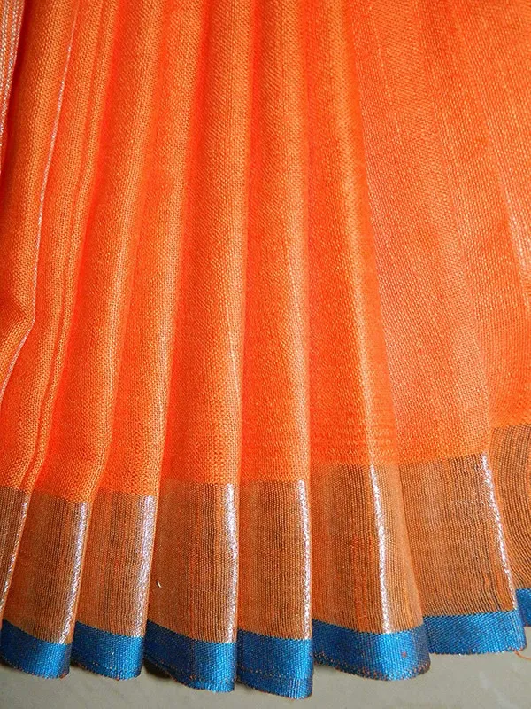Orange_women's_Bhagalpuri_Blend_Linen_Saree_With_Free_Contrast_Blouse_Piece