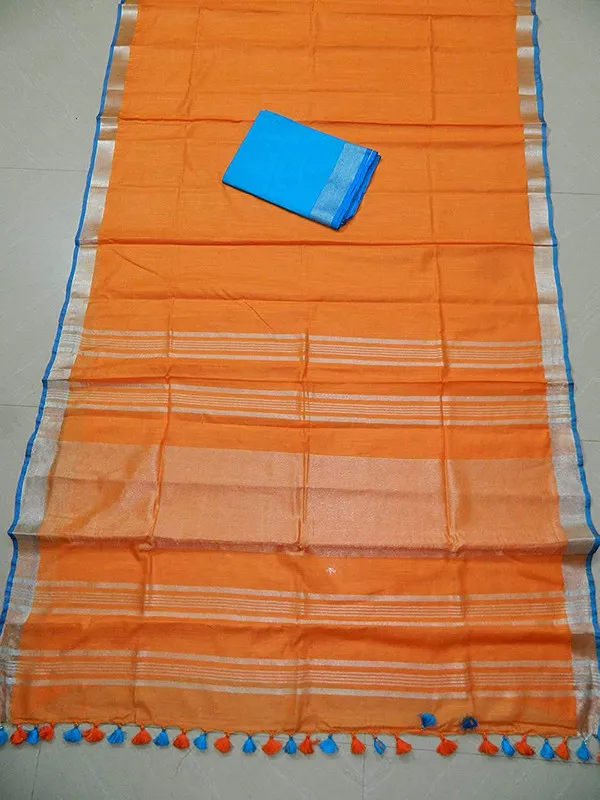 Orange_women's_Bhagalpuri_Blend_Linen_Saree_With_Free_Contrast_Blouse_Piece