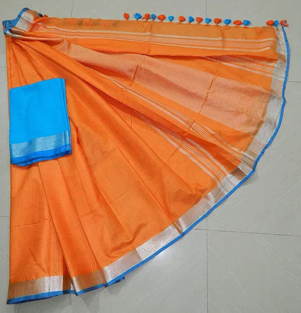 Orange_women's_Bhagalpuri_Blend_Linen_Saree_With_Free_Contrast_Blouse_Piece
