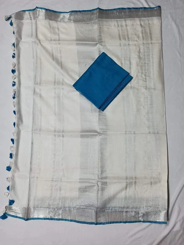 White__Bhagalpuri_Blend_Linen_Saree_With_Contrast_Free_Blouse_Piece