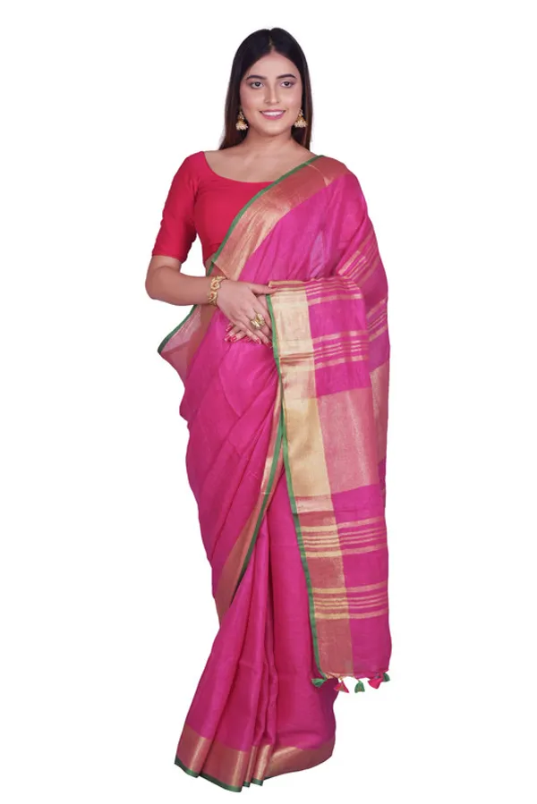 Pink-Green_women's_Bhagalpuri_Blend_Linen_Saree_With_Contrast_Blouse_Piece