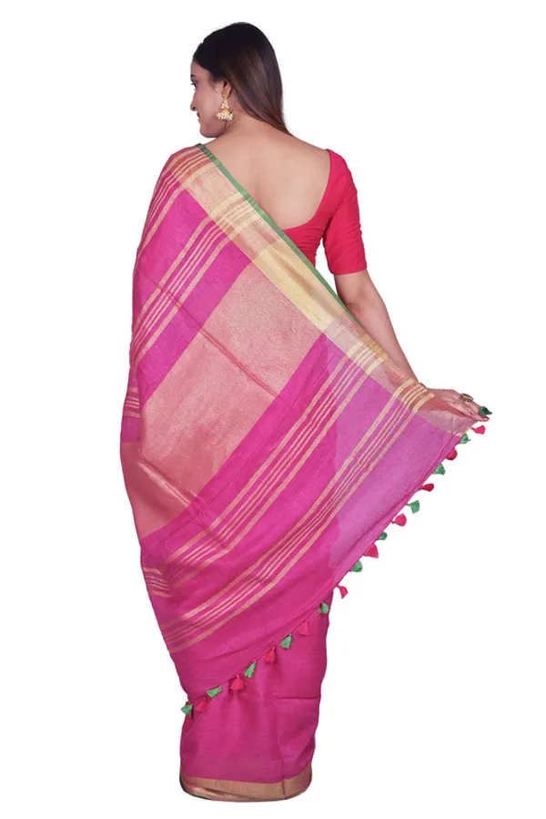 Pink-Green_women's_Bhagalpuri_Blend_Linen_Saree_With_Contrast_Blouse_Piece