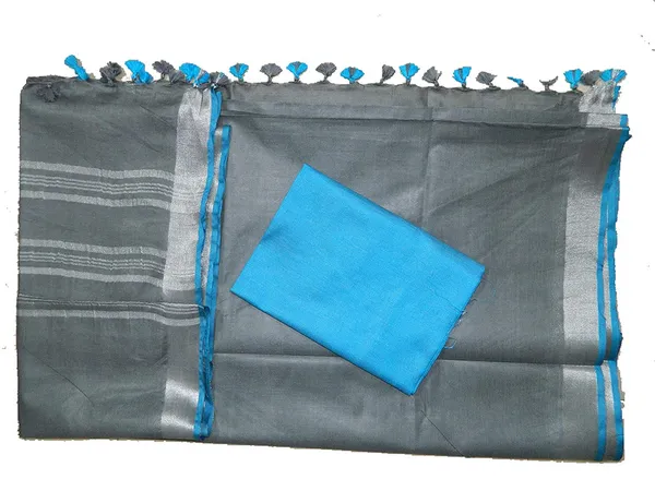 Grey-Cyan_women's_Bhagalpuri_Blend_Linen_Saree_With_Contrast_Blouse_Piece