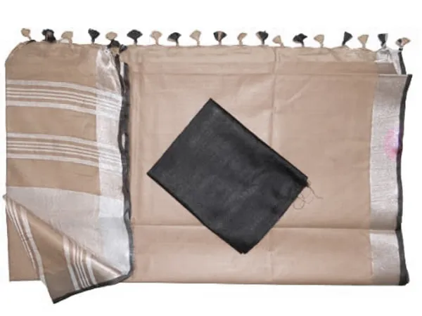 Brown_women's_Bhagalpuri_Blend_Linen_Saree_With_Black_Pipin_Contrast_Blouse_Piece