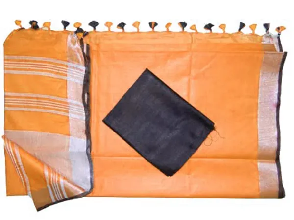 Orange_women's_Bhagalpuri_Blend_Linen_Saree_With_Black_Pipin_Contrast_Blouse_Piece