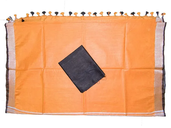 Orange_women's_Bhagalpuri_Blend_Linen_Saree_With_Black_Pipin_Contrast_Blouse_Piece