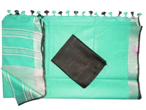 Turquoise_women's_Bhagalpuri_Blend_Linen_Saree_With_Black_Pipin_Contrast_Blouse_Piece