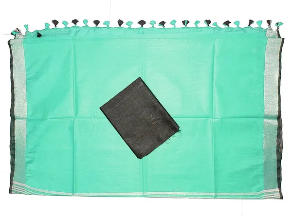 Turquoise_women's_Bhagalpuri_Blend_Linen_Saree_With_Black_Pipin_Contrast_Blouse_Piece