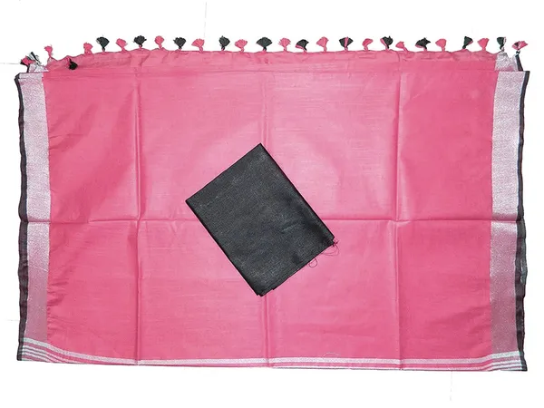 Cerise_Red_women's_Bhagalpuri_Blend_Linen_Saree_With_Black_Pipin_Contrast_Blouse_Piece