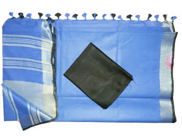 Neon_Blue_women's_Bhagalpuri_Blend_Linen_Saree_With_Black_Pipin_Contrast_Blouse_Piece