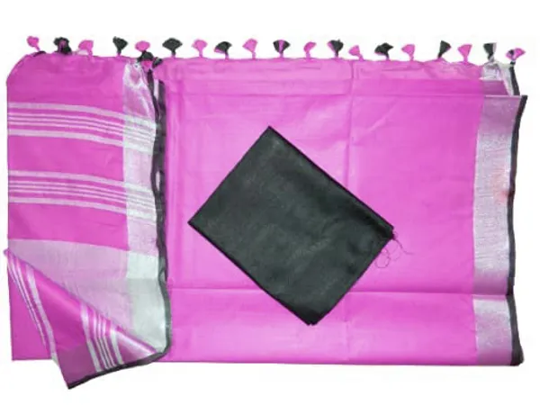 Ultra_Pink_women's_Bhagalpuri_Blend_Linen_Saree_With_Black_Pipin_Contrast_Blouse_Piece
