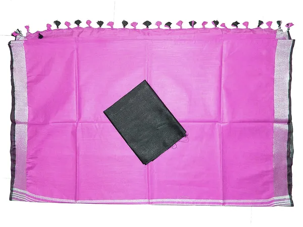 Ultra_Pink_women's_Bhagalpuri_Blend_Linen_Saree_With_Black_Pipin_Contrast_Blouse_Piece