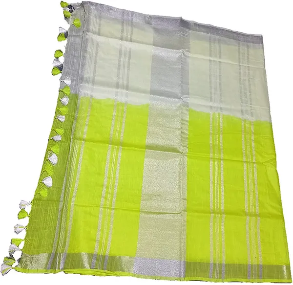 Lime_Green_women's_Bhagalpuri_Linen-Slub_Blend_Two_Dye_Saree_With_Blouse_Piece