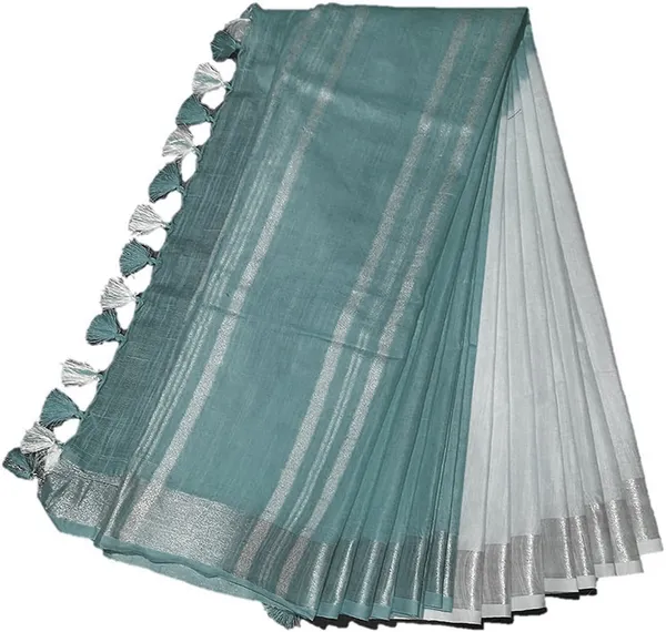 Skobeloff_Cyan_women's_Bhagalpuri_Linen-Slub_Blend_Two_Dye_Saree_With_Blouse_Piece