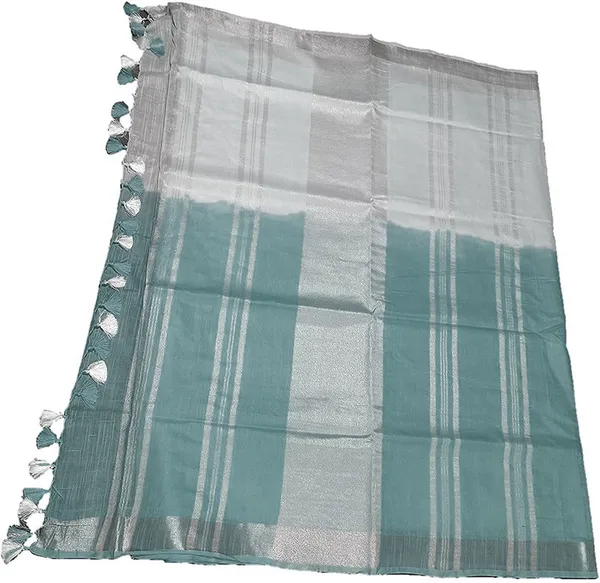Skobeloff_Cyan_women's_Bhagalpuri_Linen-Slub_Blend_Two_Dye_Saree_With_Blouse_Piece