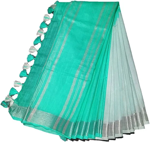 Turquoise_women's_Bhagalpuri_Linen-Slub_Blend_Two_Dye_Saree_With_Blouse_Piece