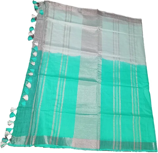 Turquoise_women's_Bhagalpuri_Linen-Slub_Blend_Two_Dye_Saree_With_Blouse_Piece