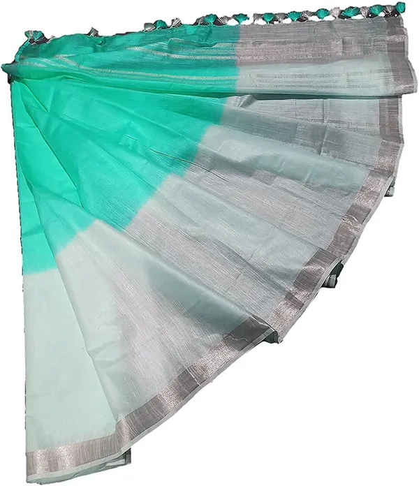 Turquoise_women's_Bhagalpuri_Linen-Slub_Blend_Two_Dye_Saree_With_Blouse_Piece