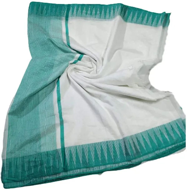 Turquoise_women's_Bhagalpuri_Kota_Viscous_Temple_Border_White_Saree_And_Variable_Color_Border_With_Blouse_Piece