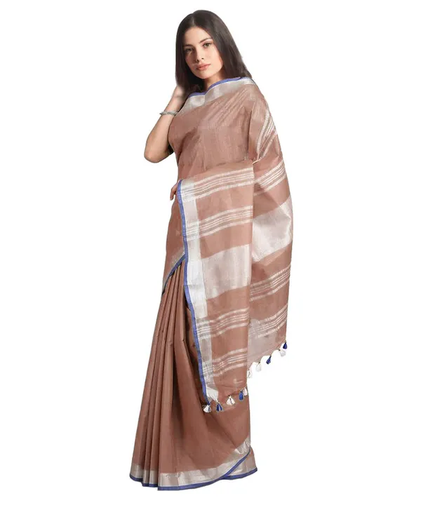 Women's_Bhagalpuri_Handloom_Linen-Slub_Saree_With_Contrast_Blouse_Piece_(Sugar_Brown-Blue)
