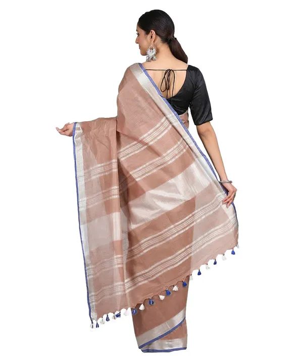 Women's_Bhagalpuri_Handloom_Linen-Slub_Saree_With_Contrast_Blouse_Piece_(Sugar_Brown-Blue)