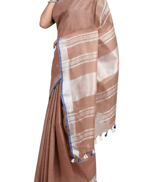 Women's_Bhagalpuri_Handloom_Linen-Slub_Saree_With_Contrast_Blouse_Piece_(Sugar_Brown-Blue)