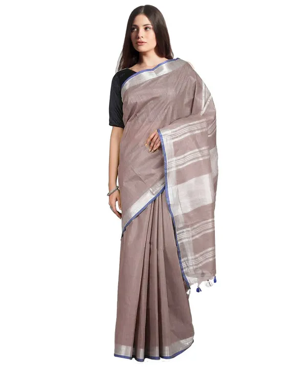 Liver_Brown_women's_Bhagalpuri_Handloom_Linen-Slub_Saree_With_Contrast_Blouse_Piece