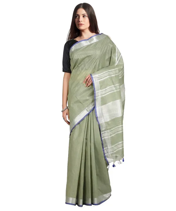 Pistachio_Green_women's_Bhagalpuri_Handloom_Linen-Slub_Saree_With_Contrast_Blouse_Piece