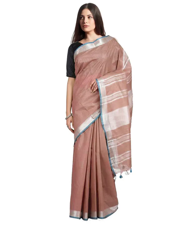 Sugar_Brown1_women's_Bhagalpuri_Handloom_Linen-Slub_Saree_With_Contrast_Blouse_Piece_(Sugar_Brown-Cyan)