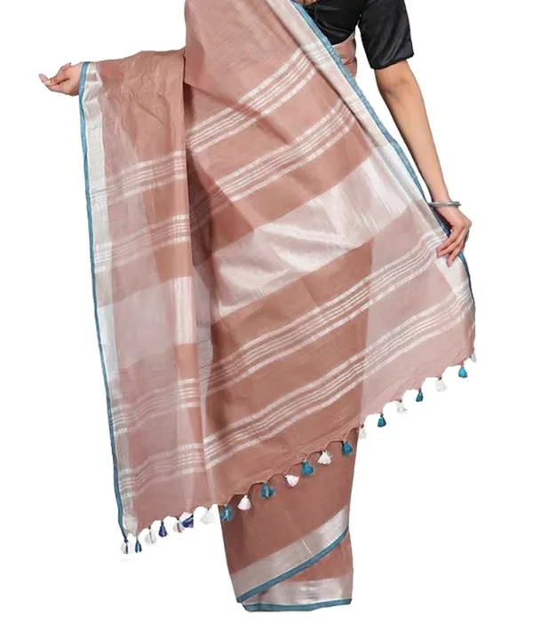 Sugar_Brown1_women's_Bhagalpuri_Handloom_Linen-Slub_Saree_With_Contrast_Blouse_Piece_(Sugar_Brown-Cyan)