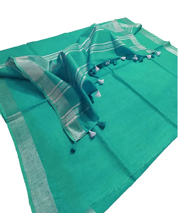 Aquamarine_Turquoise_women's_Bhagalpuri_Linen_Saree_With_Blouse_Piece