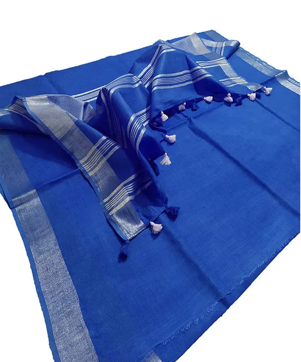 Celtic_Blue_women's_Bhagalpuri_Linen_Blend_Saree_With_Blouse_Piece