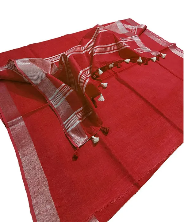Crimson_Red_women's_Bhagalpuri_Linen_Saree_With_Blouse_Piece