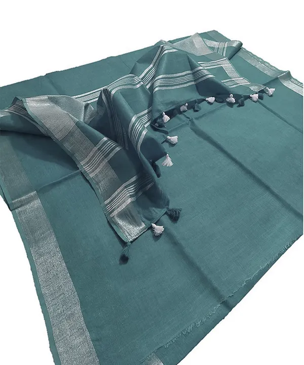 Myrtle_Green_women's_Bhagalpuri_Linen_Saree_With_Blouse_Piece