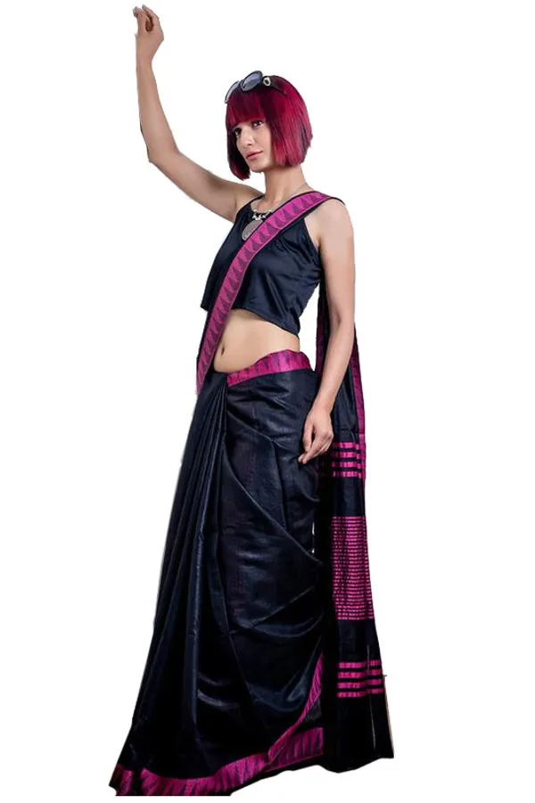 Black_P_women's_Bhagalpuri_Handloom_Kota_Silk_Temple_Border_Saree_And_Variation_Of_Colors_With_Striped_Blouse_Piece