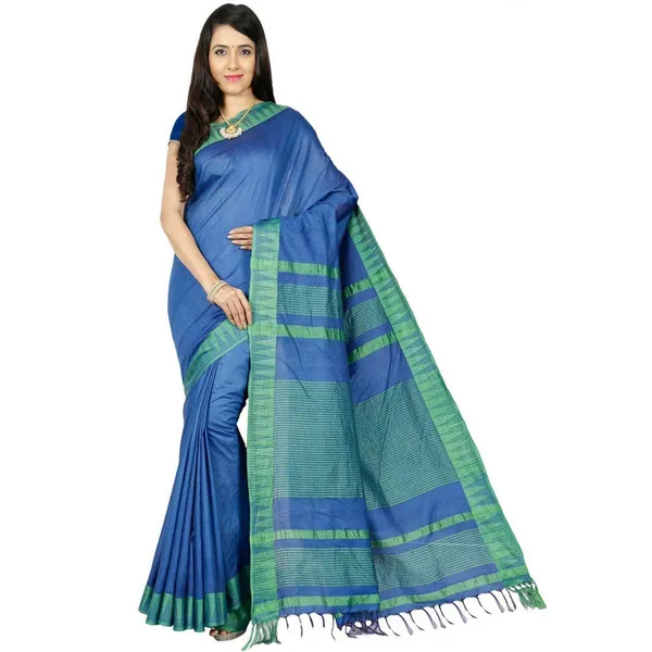 Blue_women's_Bhagalpuri_Handloom_Kota_Silk_Temple_Border_Saree_And_Variation_Of_Colors_With_Striped_Blouse_Piece