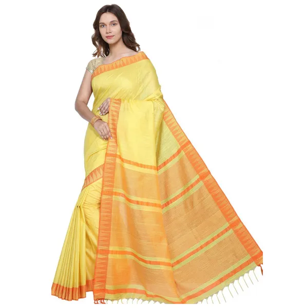 Canary_Yellow_women's_Bhagalpuri_Handloom_Kota_Silk_Temple_Border_Saree_And_Variation_Of_Colors_With_Striped_Blouse_Piece