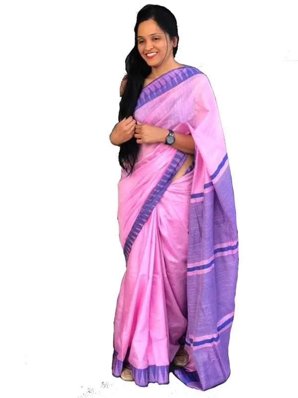Carnation_Pink_women's_Bhagalpuri_Handloom_Kota_Silk_Temple_Border_Saree_And_Variation_Of_Colors_With_Striped_Blouse_Piece