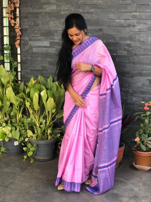 Carnation_Pink_women's_Bhagalpuri_Handloom_Kota_Silk_Temple_Border_Saree_And_Variation_Of_Colors_With_Striped_Blouse_Piece