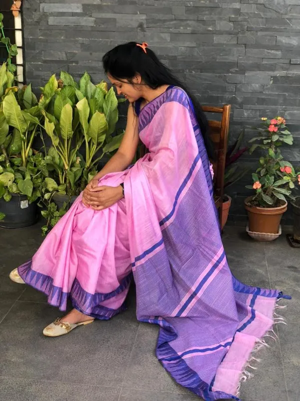Carnation_Pink_women's_Bhagalpuri_Handloom_Kota_Silk_Temple_Border_Saree_And_Variation_Of_Colors_With_Striped_Blouse_Piece