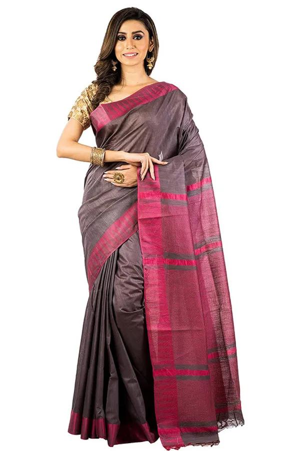 Coke_Brown_women's_Bhagalpuri_Handloom_Kota_Silk_Temple_Border_Saree_And_Variation_Of_Colors_With_Striped_Blouse_Piece